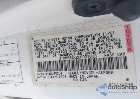 2002 Toyota Camry Se V6 z USA, uszkodzony, nr VIN JTDBF32K220027033